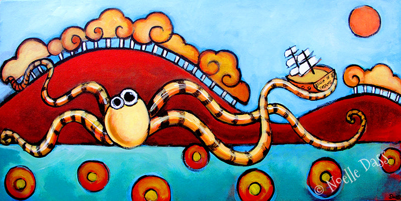 Colorful detailed octopus art print, vibrant marine life sea creature wall art