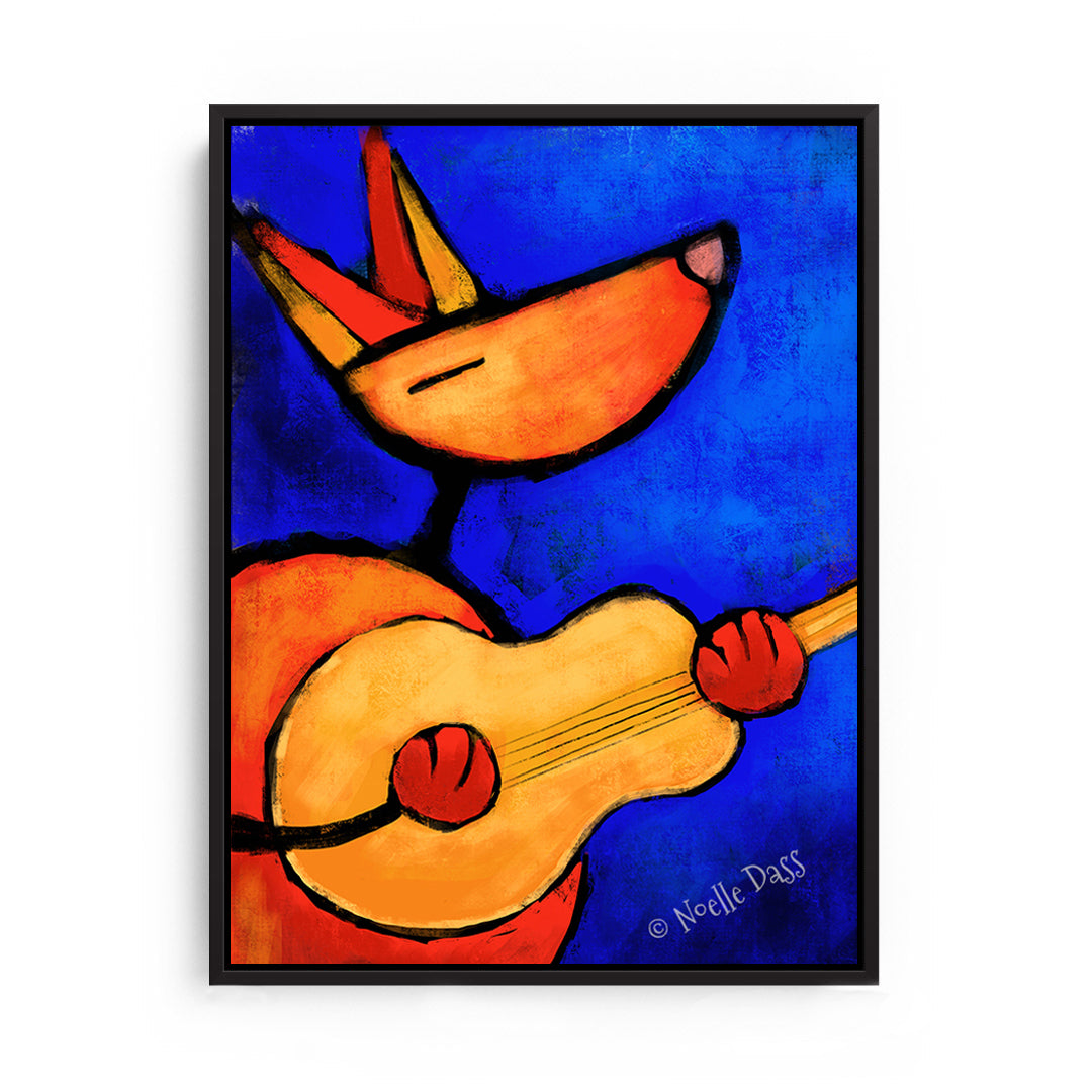 Ode to Joy - Dog Playing Guitar Canvas / 11x14 / Black Floating Frame