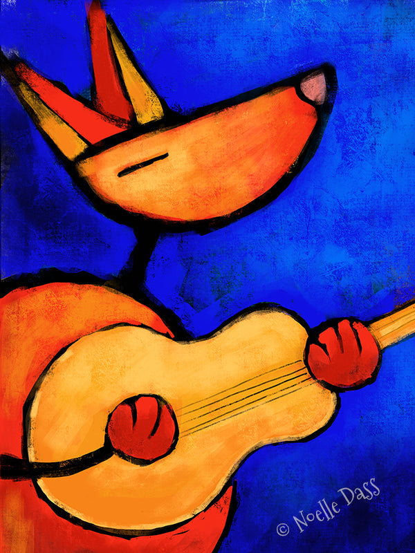 Dog playing guitar with joy and feeling, colorful musician dog art print