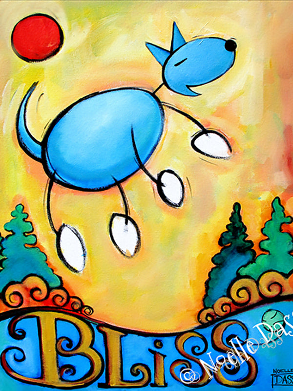 Dog in blissful happiness with tennis balls and the word bliss, colorful dog art print