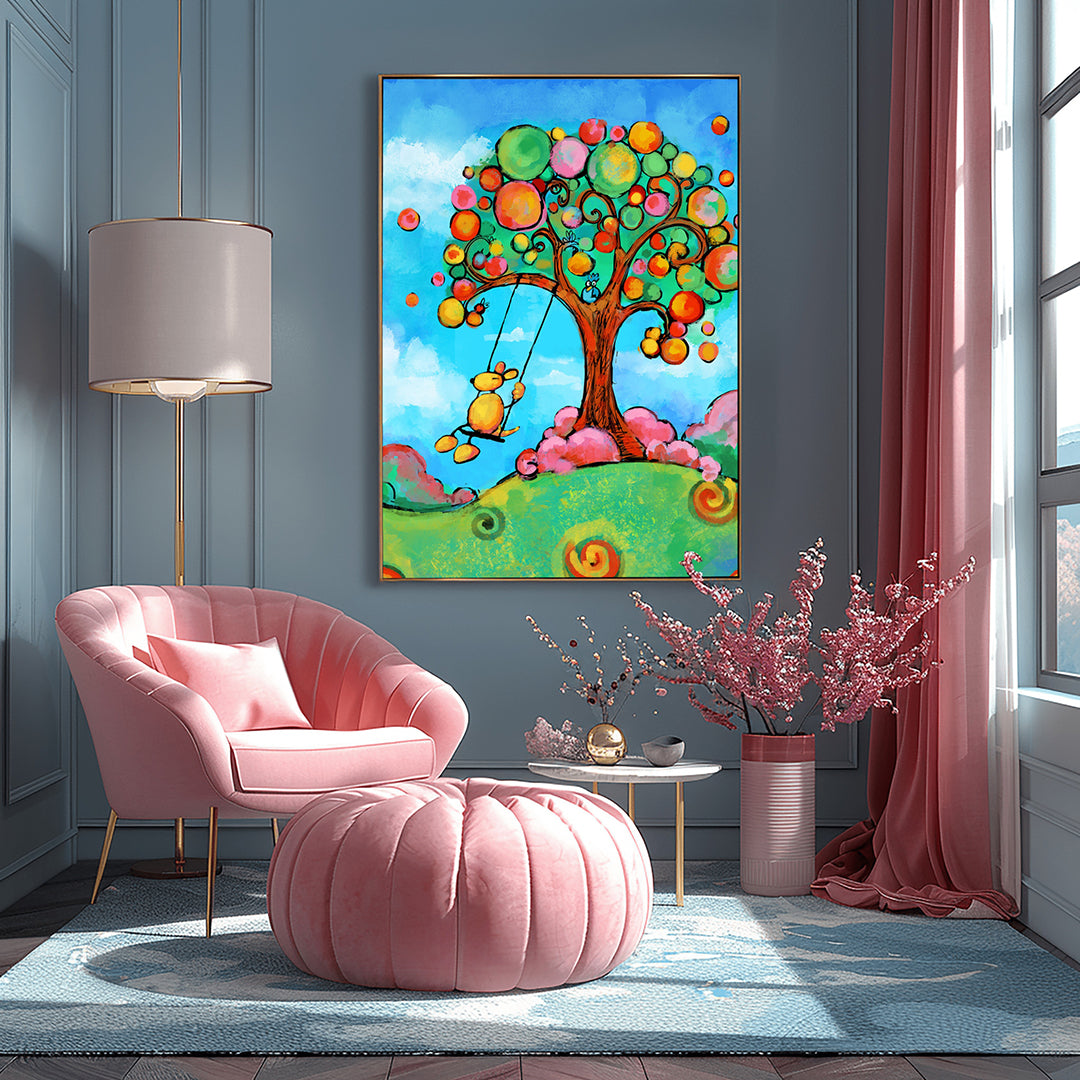 Happy dog swinging on a swing with pure joy, colorful dog art print