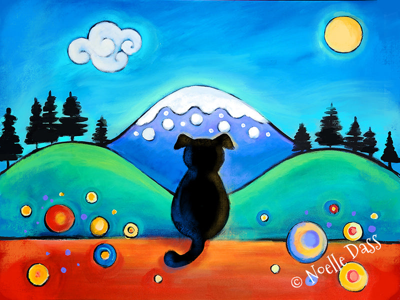 Dog gazing out over a mountain landscape, peaceful dog with mountain view art print