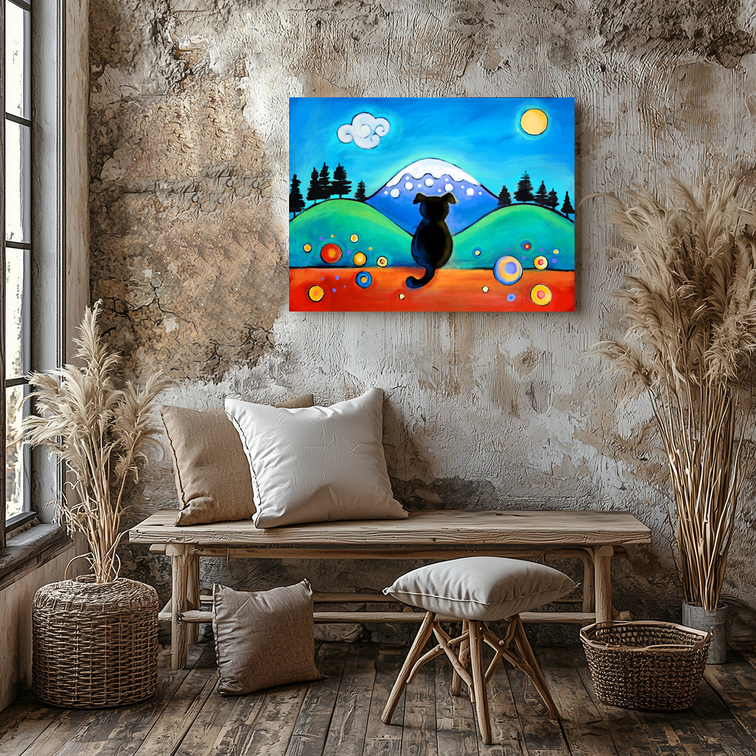Dog gazing out over a mountain landscape, peaceful dog with mountain view art print