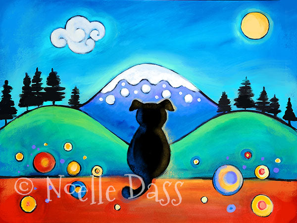 Large original painting of dog with a scenic mountain view, 24x30 original art