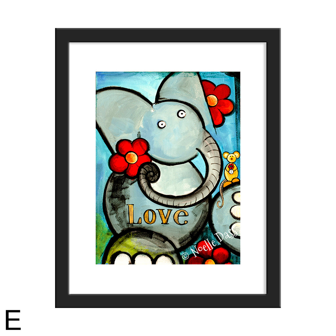 Elephant Love 11x14 matted art print in a black frame by Noelle Dass