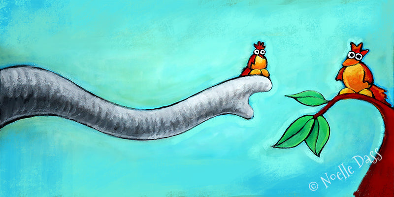 Elephant gently helping a small bird with its trunk, colorful elephant friendship art print
