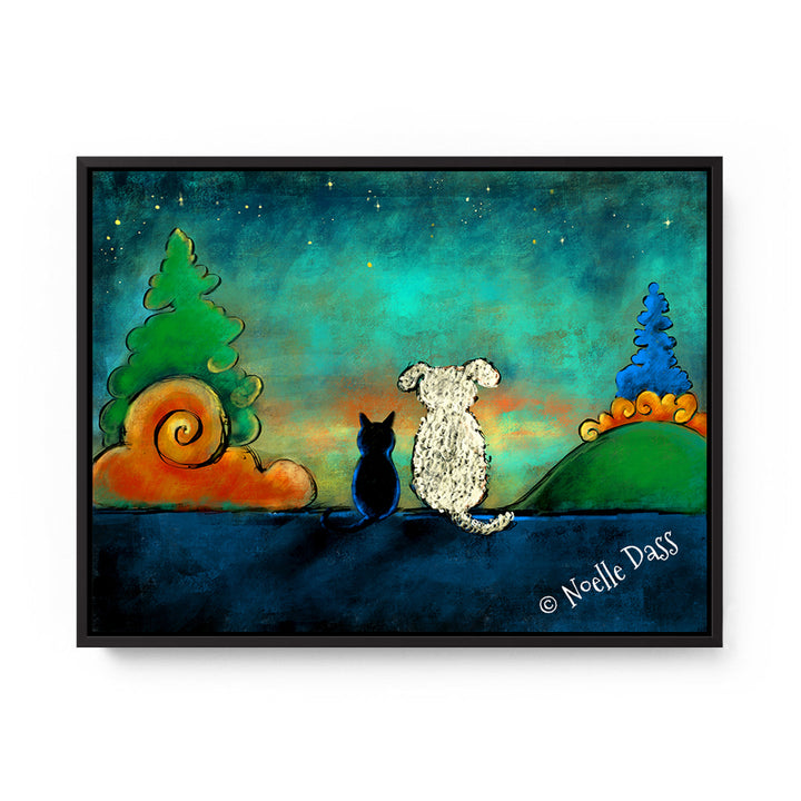 Friendship Cat and Dog Art Canvas / 11x14 / Black Floating Frame