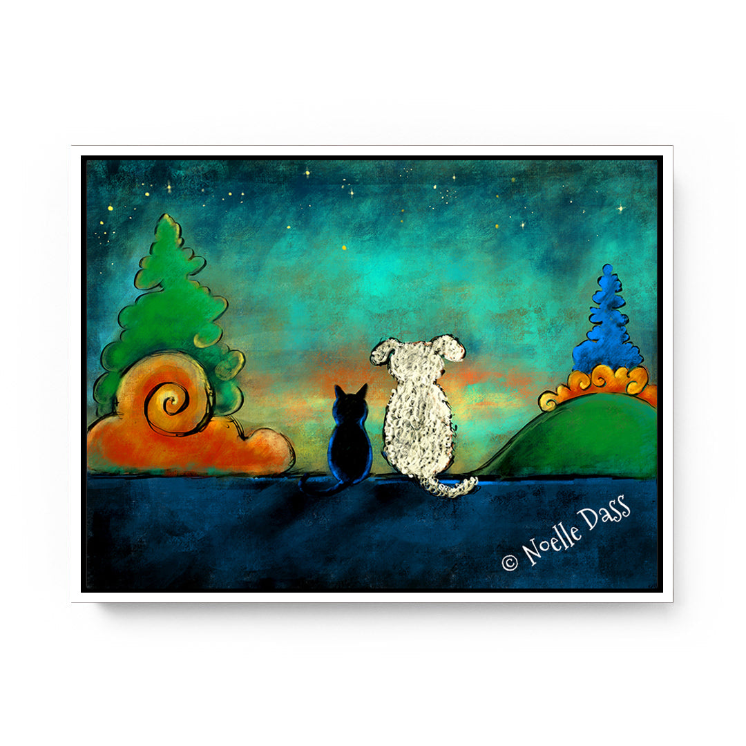 Friendship Cat and Dog Art Canvas / 11x14 / White Floating Frame