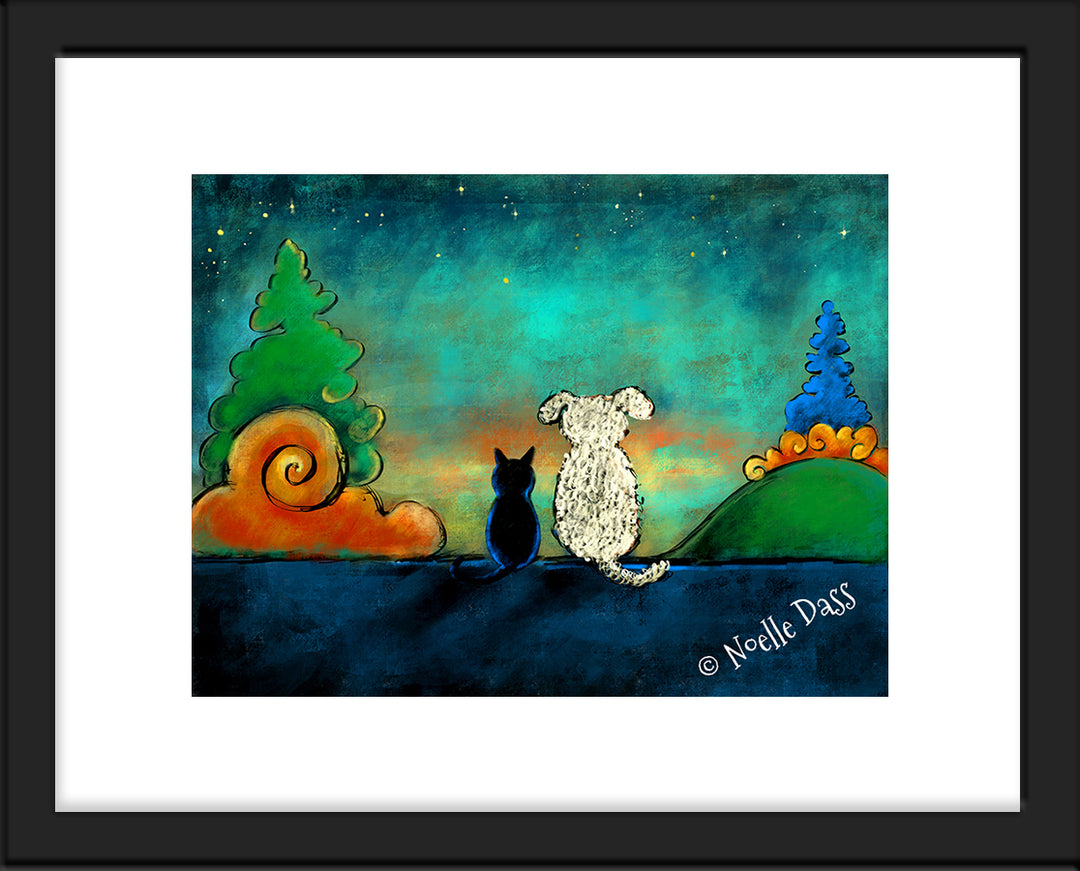 Friendship Cat and Dog Art Paper / 11x14 with white border/image is 8x10 / Black Frame