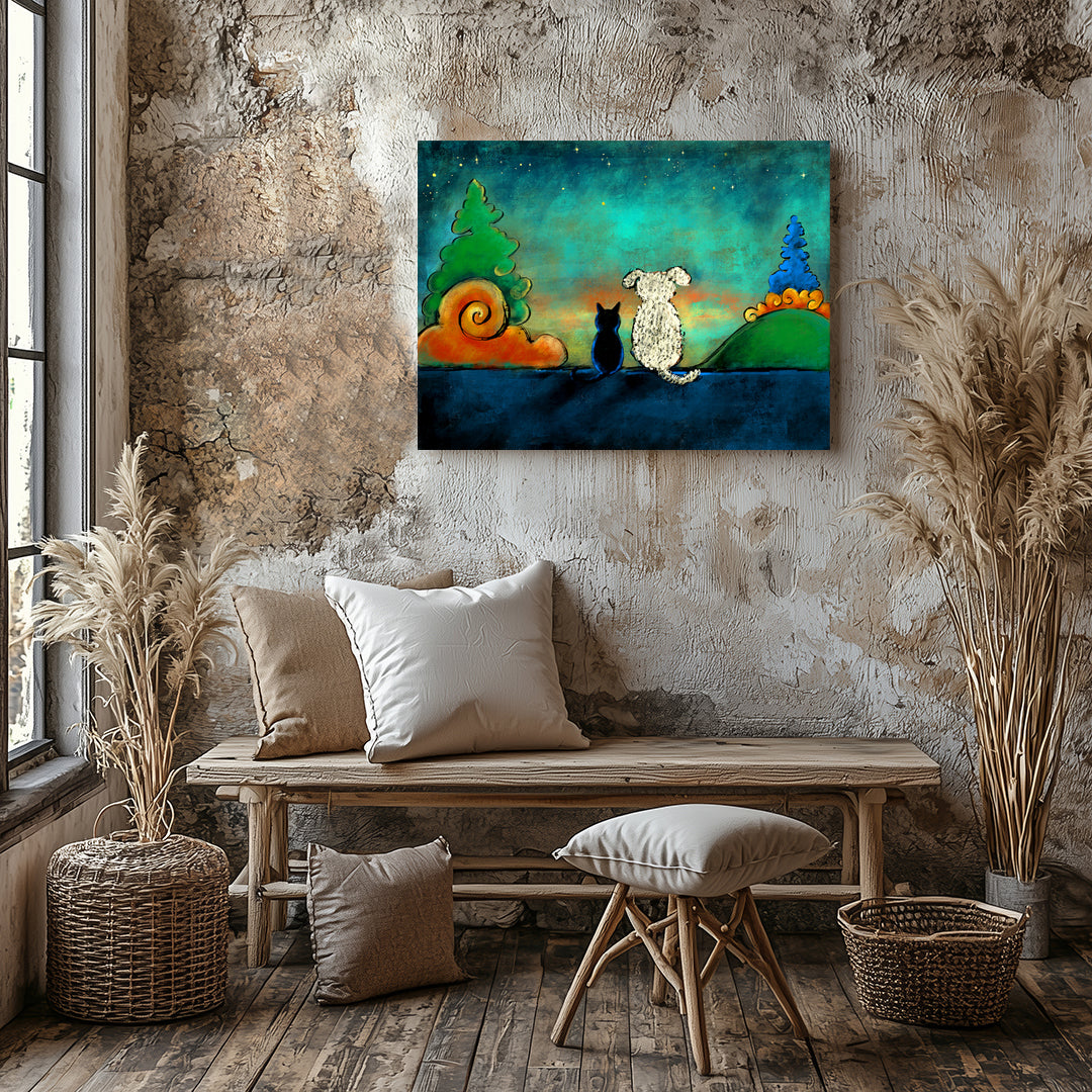 Black cat and white dog as best friends, colorful friendship art print