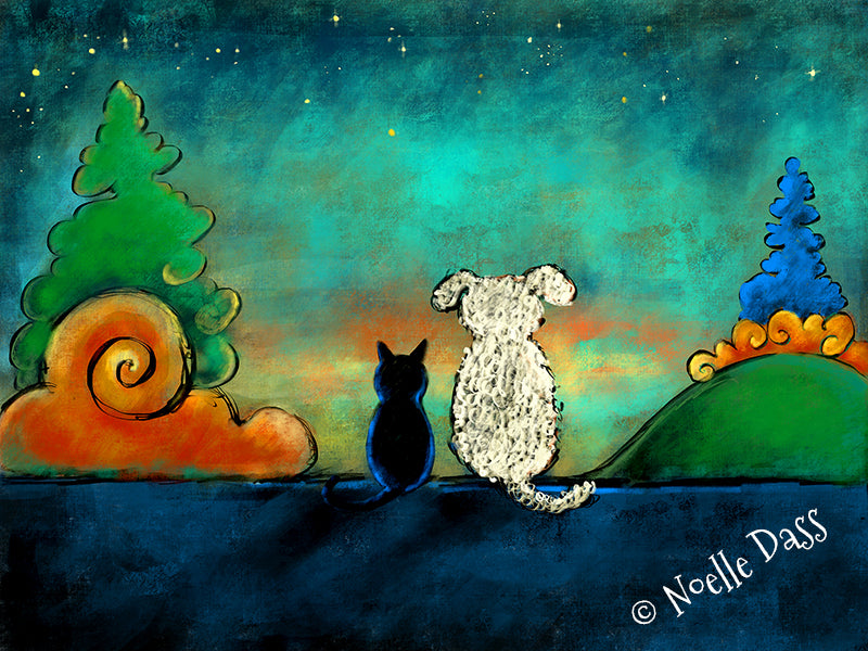 Black cat and white dog as best friends, colorful friendship art print