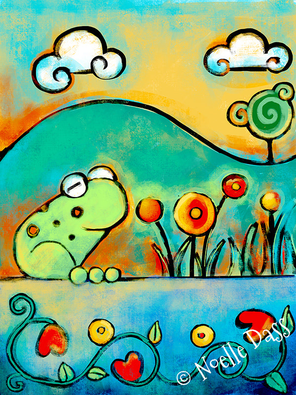 Happy frog surrounded by spring flowers, colorful cheerful frog art print