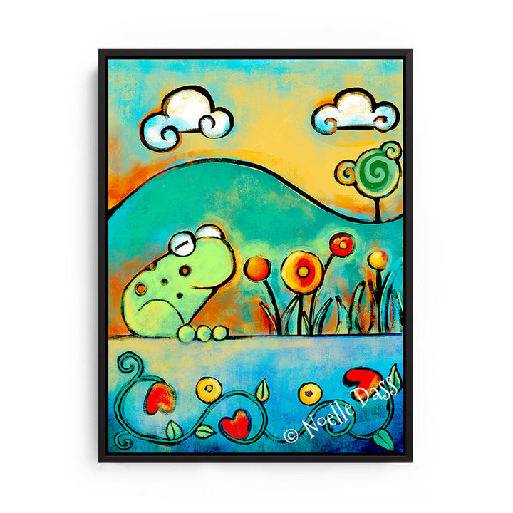 Frog in the Spring Canvas / 11x14 / Black Floating Frame