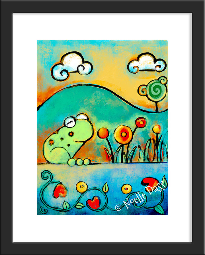 Frog in the Spring Paper / 11x14 with white border/image is 8x10 / Black Frame