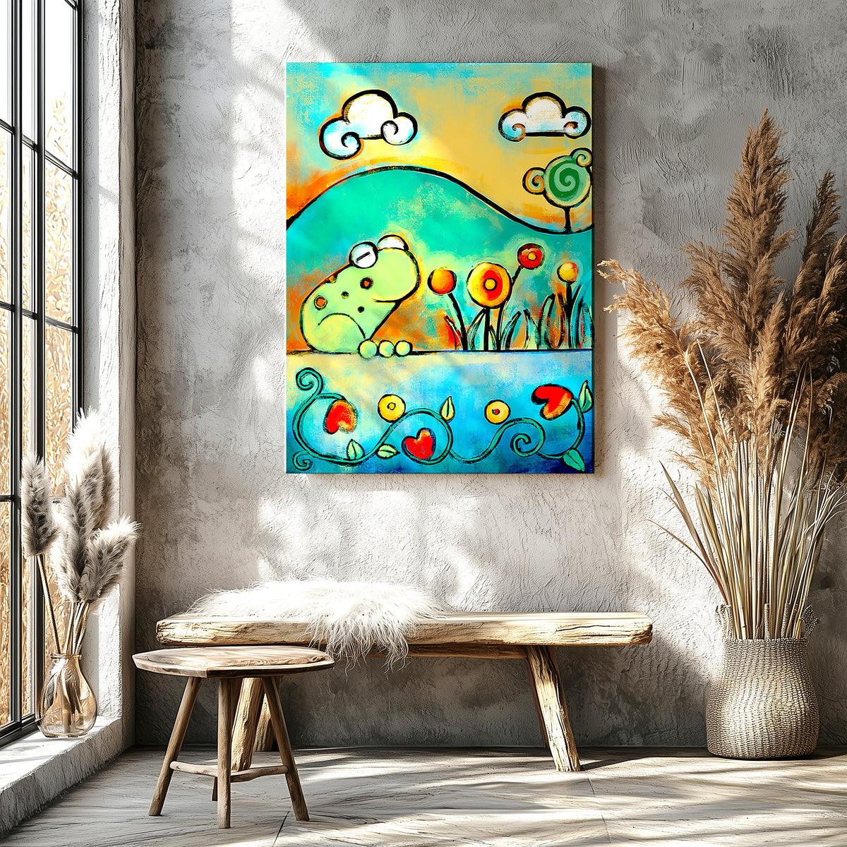 Happy frog surrounded by spring flowers, colorful cheerful frog art print