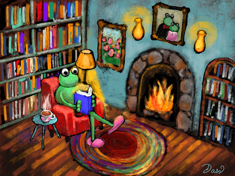 Cozy frog reading a book by the fireplace, warm cottagecore art print