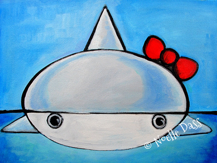 Friendly shark waving hello with a big smile, funny colorful shark art print