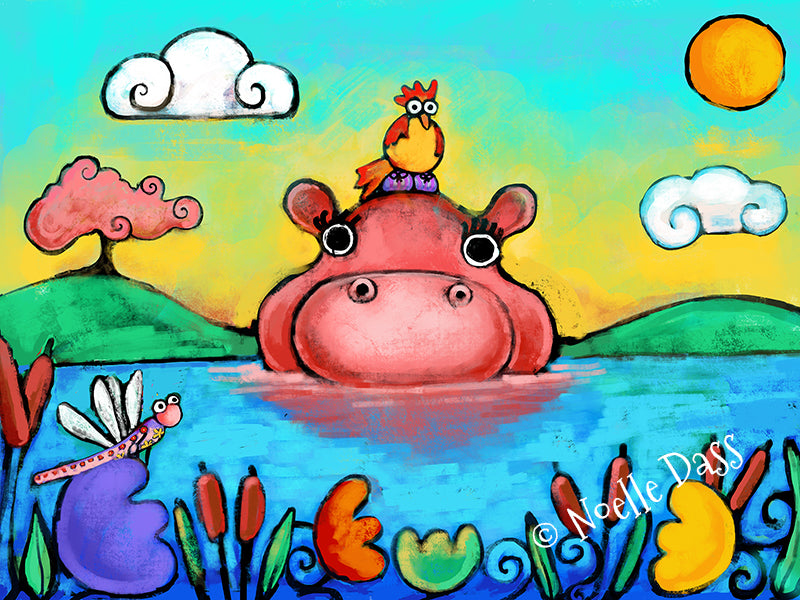 Hippo with bird and dragonfly friends in a colorful jungle scene, friendship art print