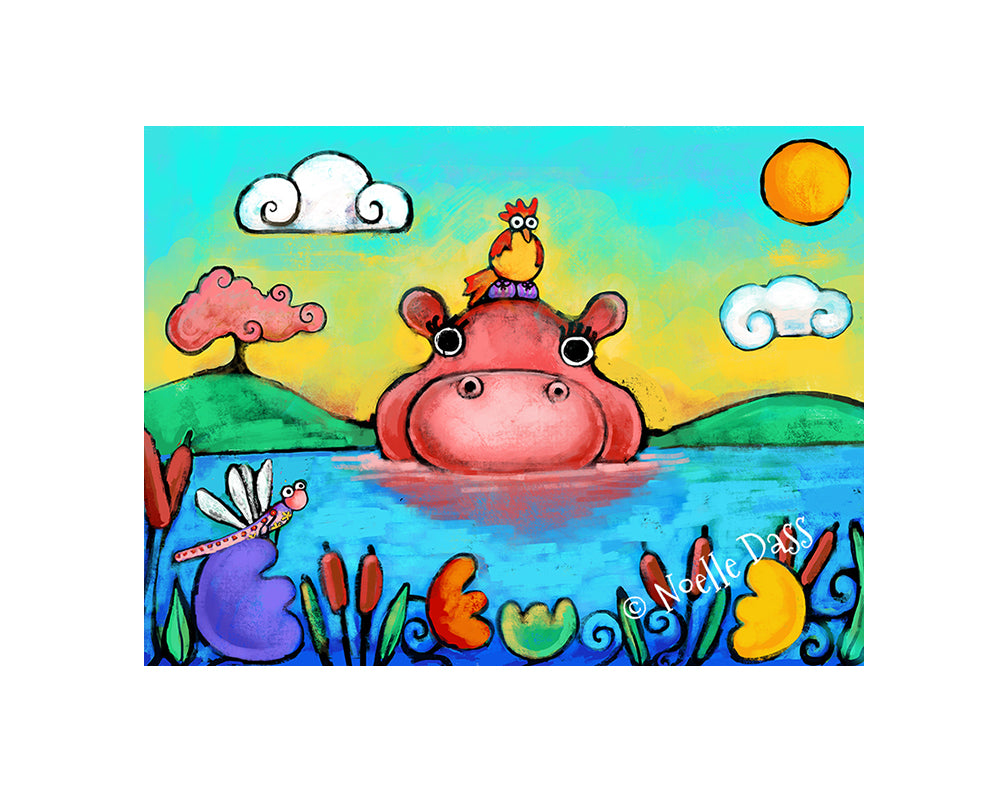 Hippo & Friends Paper / 11x14 with white border/image is 8x10 / Unframed