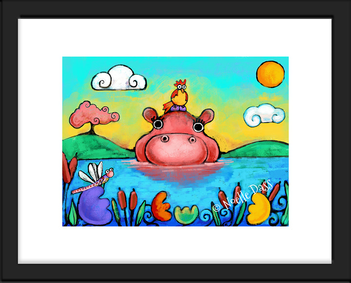 Hippo & Friends Paper / 11x14 with white border/image is 8x10 / Black Frame