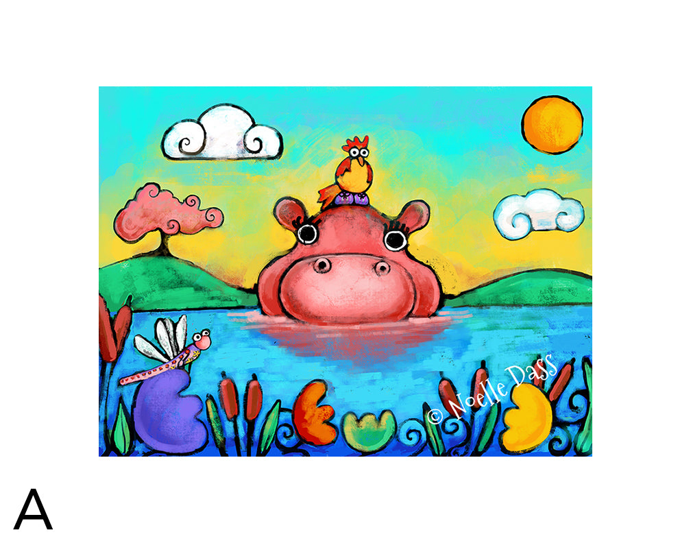 Hippo & Friends matted archival paper art print, 11x14 with white border, by Noelle Dass
