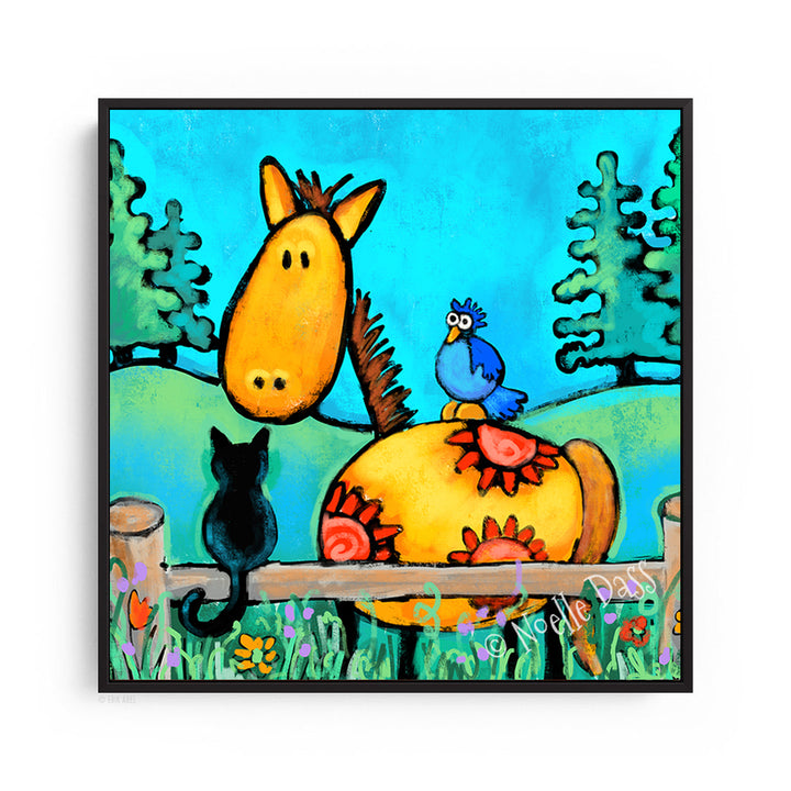 Horse and Cat Buddies Canvas / 30x30 / Black Floating Frame