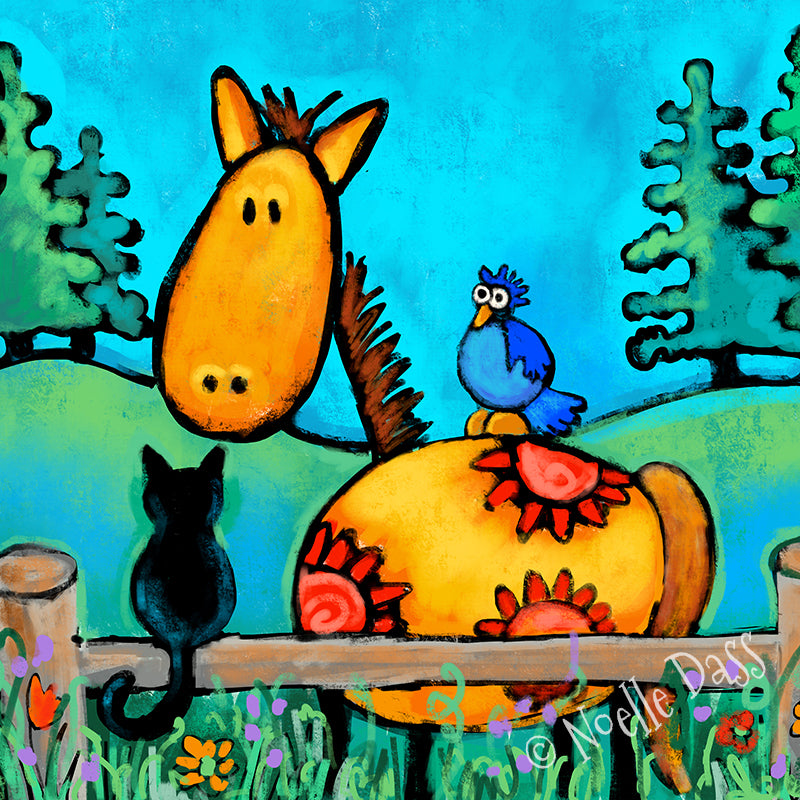 Horse and cat with birds sharing a peaceful morning together, colorful animal friendship art print