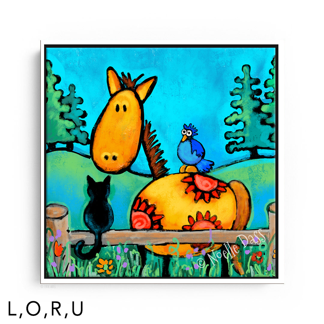 Horse and Cat Buddies framed canvas art print with a white floating frame by Noelle Dass