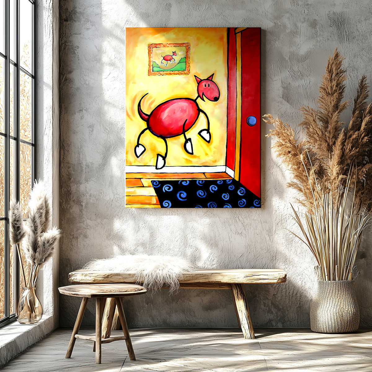 Dog joyfully welcoming someone home, colorful homecoming dog art print