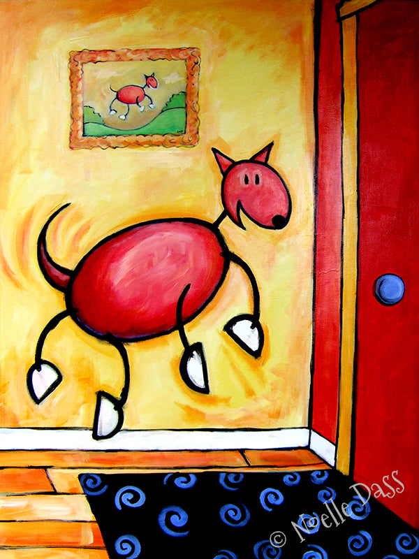 Dog joyfully welcoming someone home, colorful homecoming dog art print