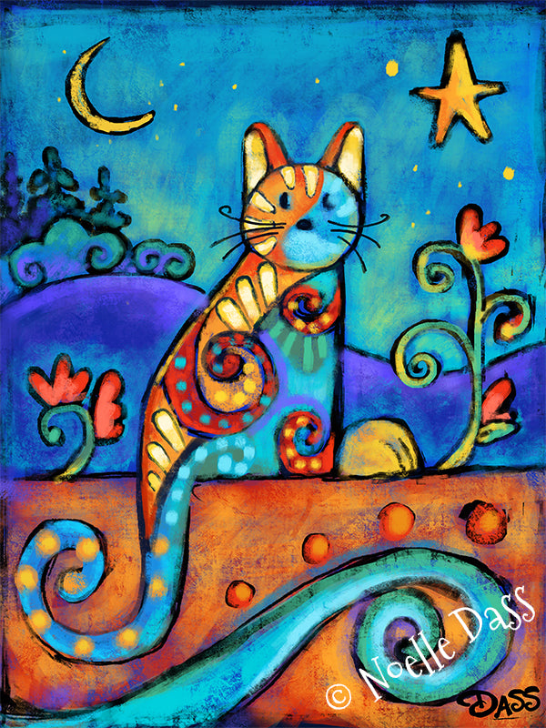 Magical cat under moon and stars at night, dreamy magical cat art print