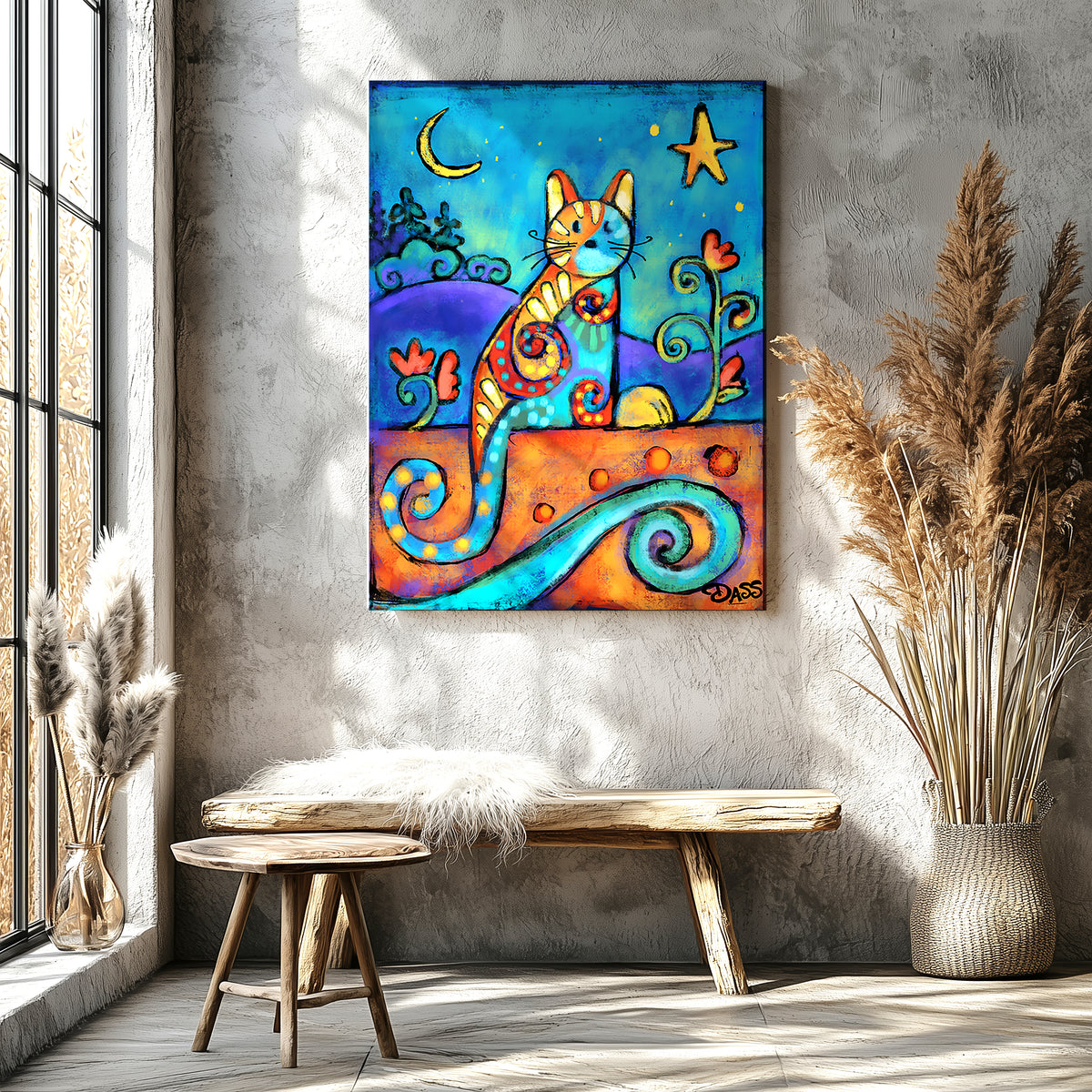 Magical cat under moon and stars at night, dreamy magical cat art print