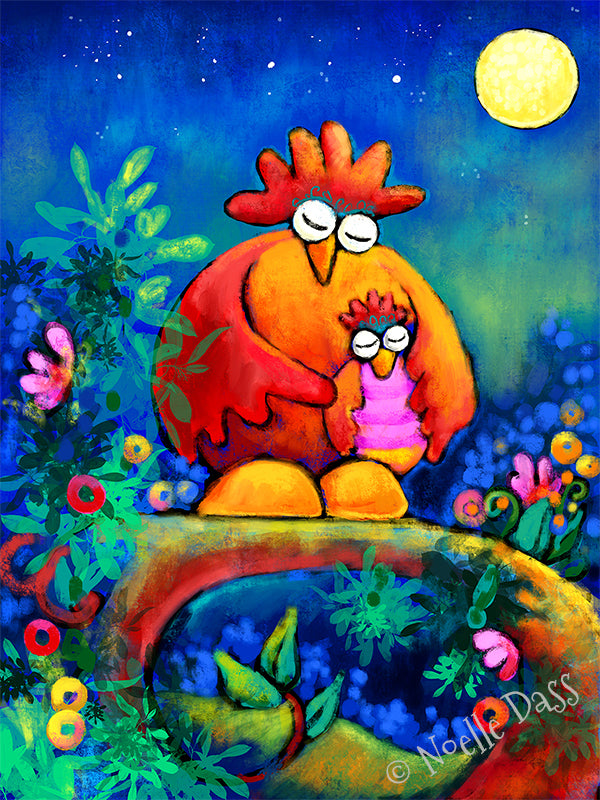 Mama bird with baby bird in a tender moment, colorful maternal bird art print
