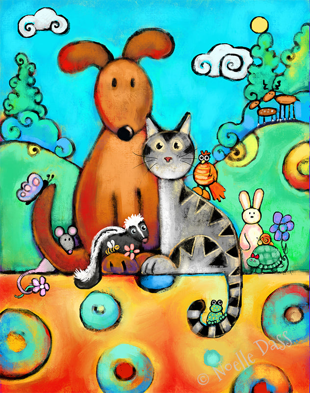 Dog cat skunk and animal friends together as a modern family, colorful animal art print