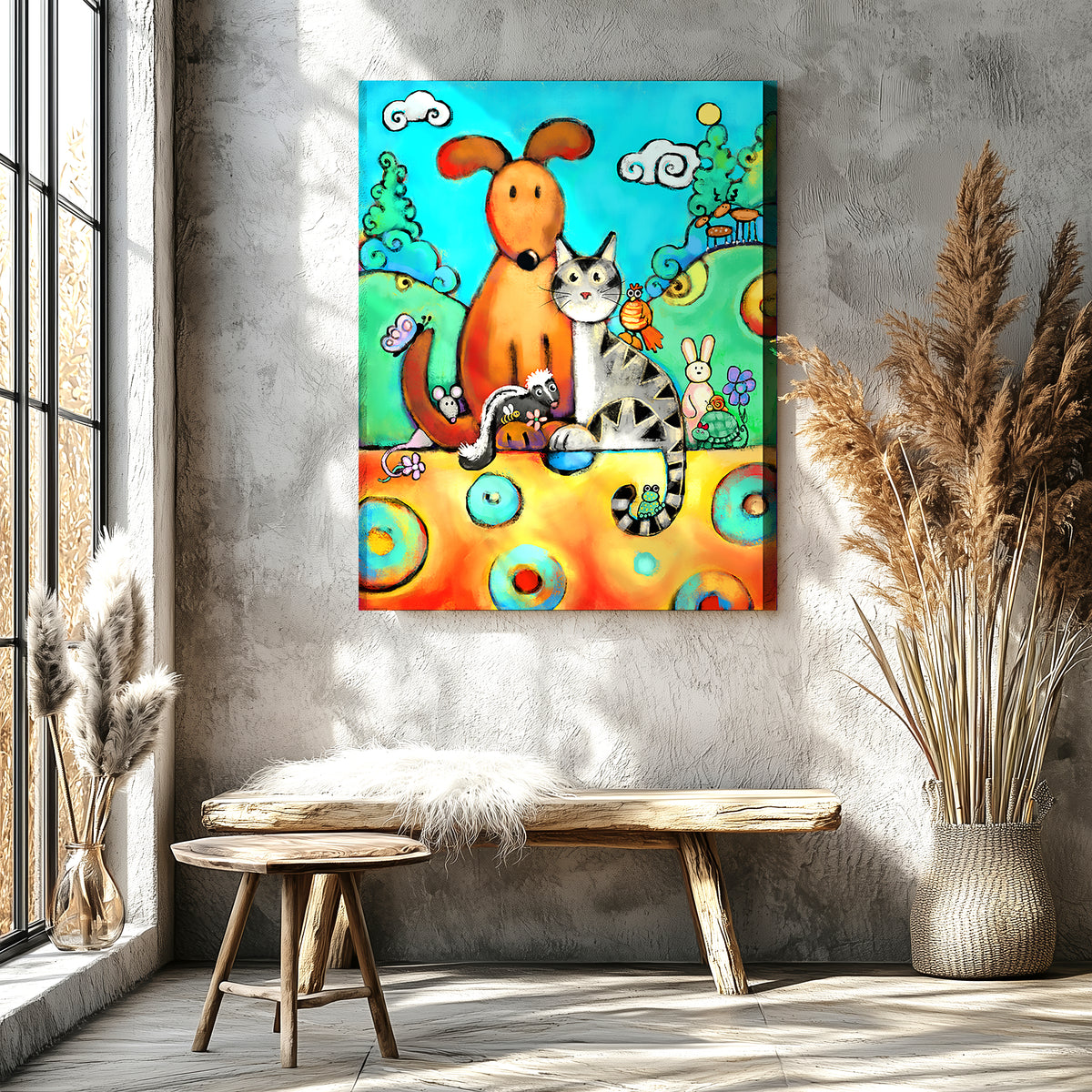 Dog cat skunk and animal friends together as a modern family, colorful animal art print