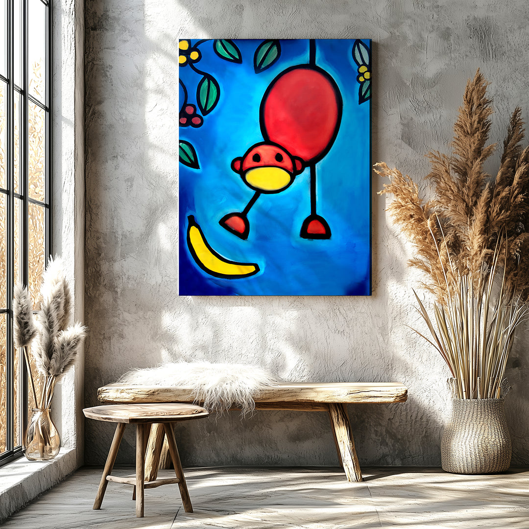Expressive monkey reacting to dropping a banana, funny colorful monkey art print