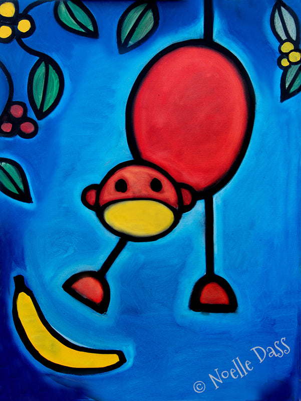 Expressive monkey reacting to dropping a banana, funny colorful monkey art print