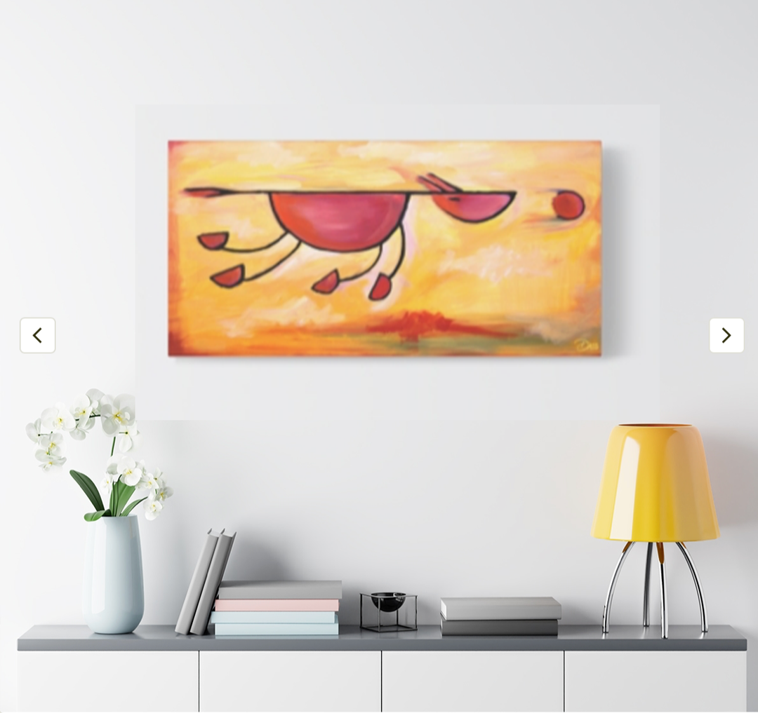 Dog with laser focus on a yellow tennis ball, colorful dog art print