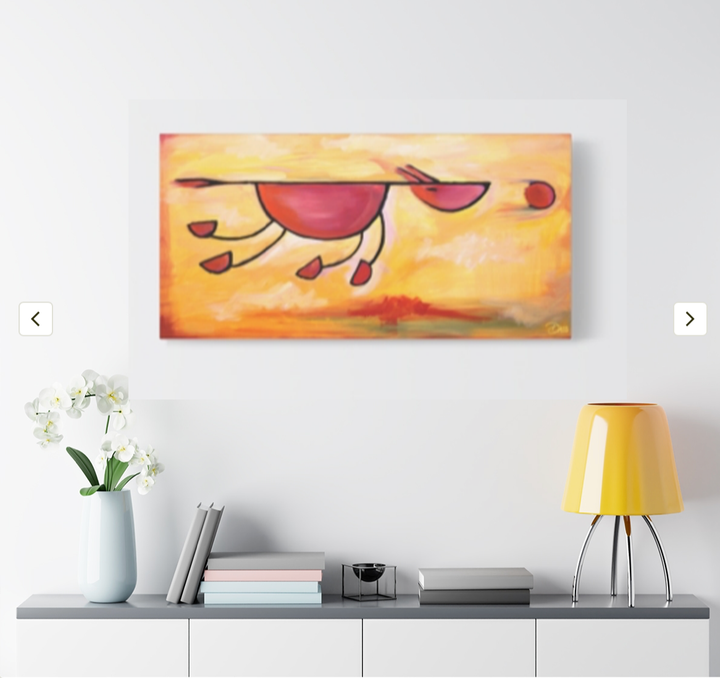 Dog with laser focus on a yellow tennis ball, colorful dog art print