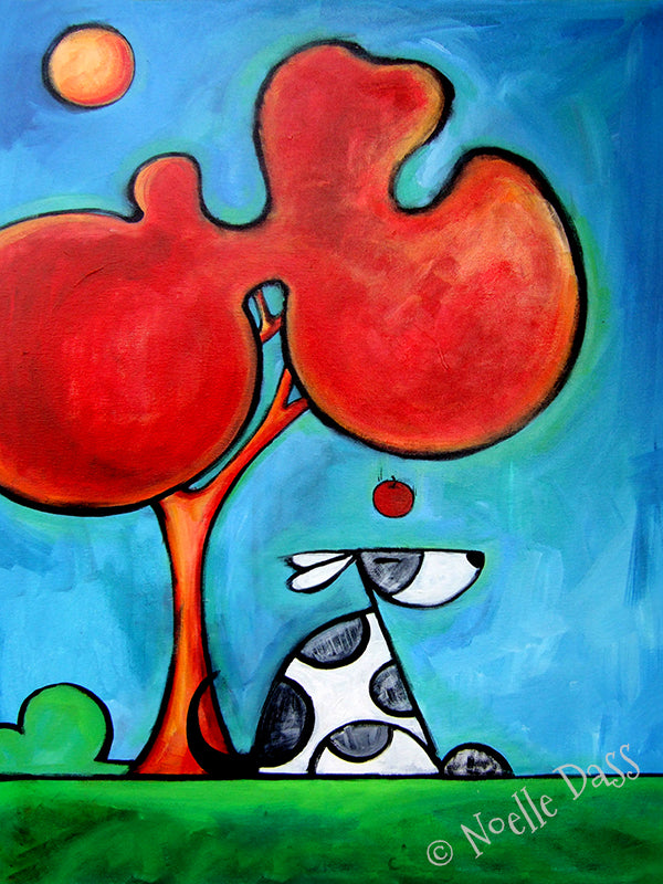 Dog looking at a falling apple like Newton, funny clever dog art print