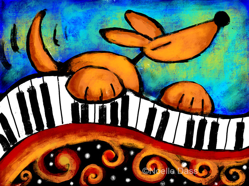 Whimsical dog playing piano, colorful dog art print for music lovers