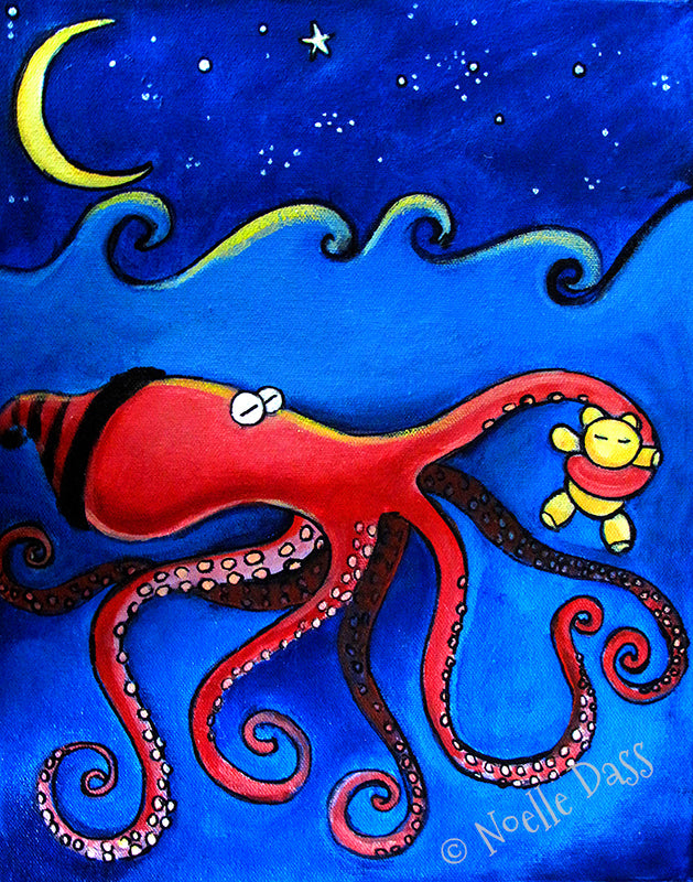 Octopus getting ready for bed under the moon at night, sweet funny octopus art print