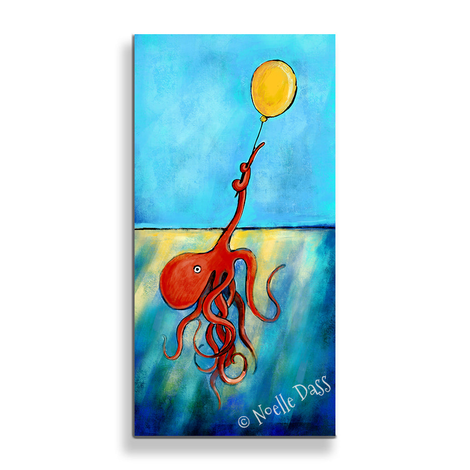 Possibility Octopus holding onto a yellow balloon Canvas / 15x30 / Unframed