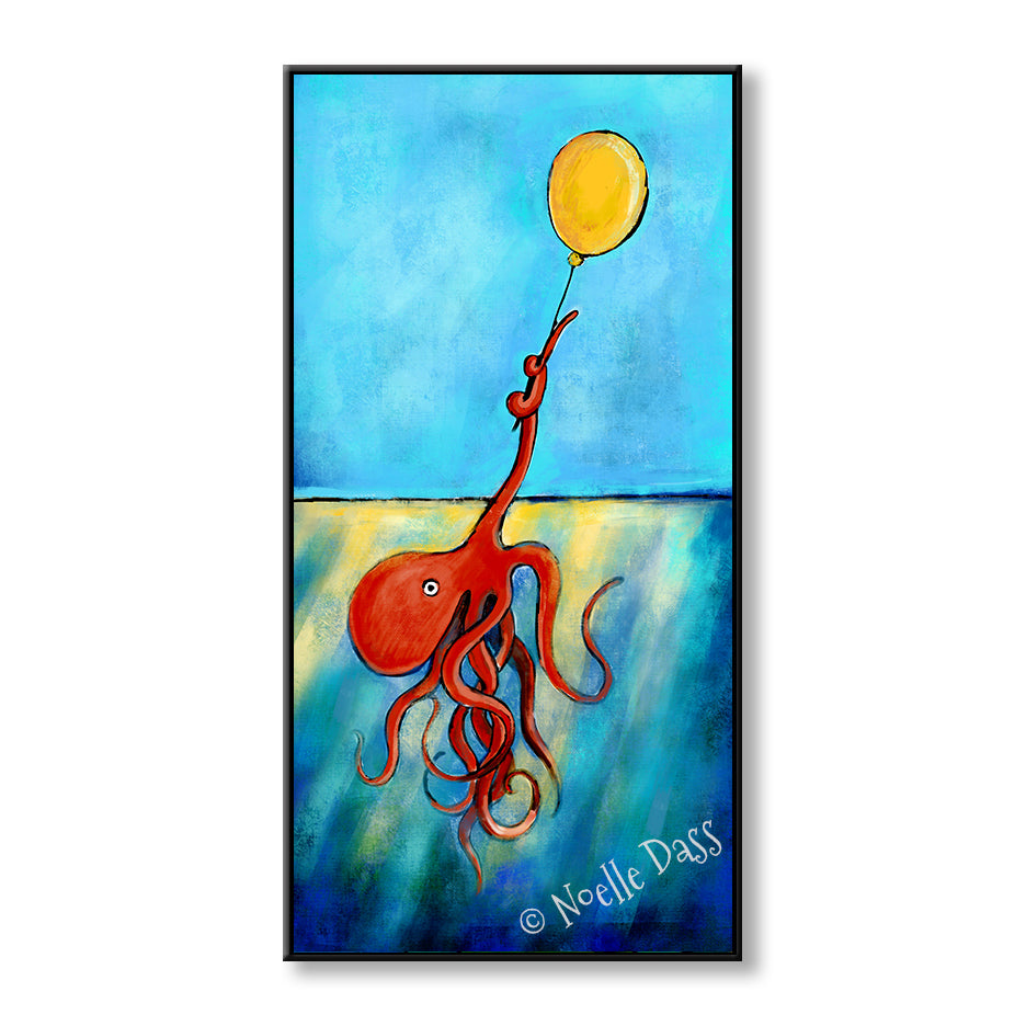 Possibility Octopus holding onto a yellow balloon Canvas / 15x30 / Black Floating Frame