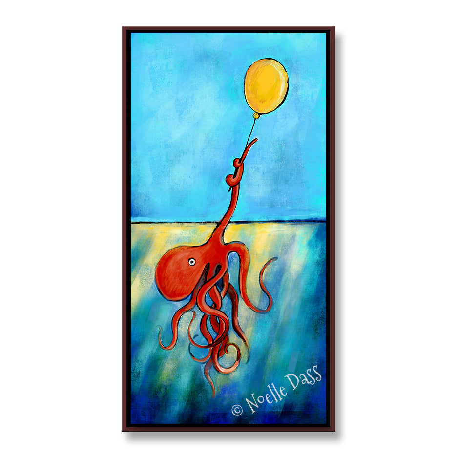 Possibility Octopus holding onto a yellow balloon Canvas / 15x30 / Espresso Floating Frame