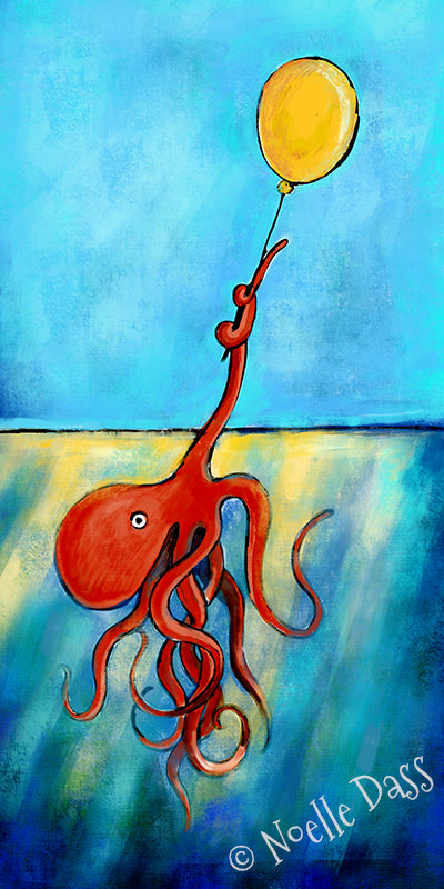 Possibility Octopus holding onto a yellow balloon Paper / 7x14 / Unframed