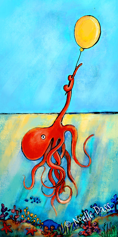 Octopus holding a yellow balloon underwater, colorful hopeful octopus art print