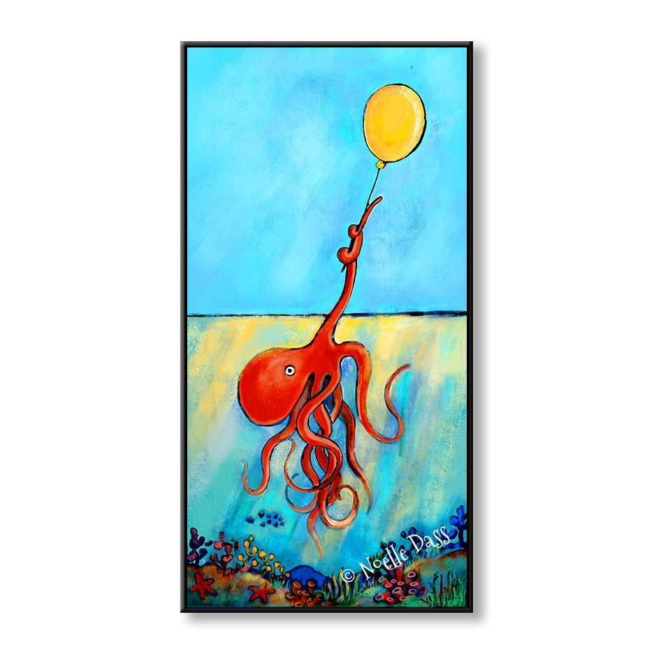 Possibility Octopus holding onto a yellow balloon Canvas / 15x30 / Black Floating Frame