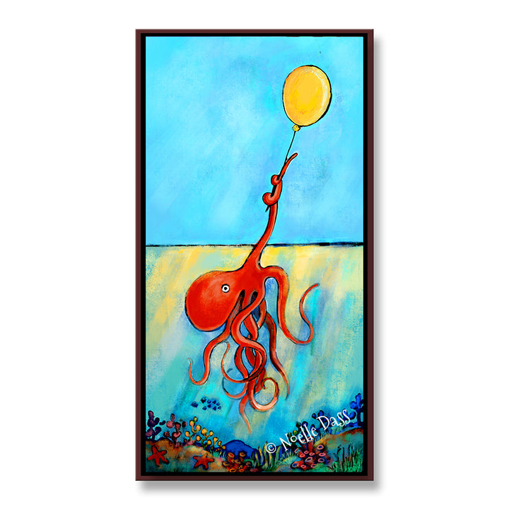 Possibility Octopus holding onto a yellow balloon Canvas / 15x30 / Espresso Floating Frame