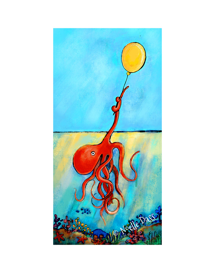 Possibility Octopus holding onto a yellow balloon Paper / 11x14 white border/Image is 5.5x11 / Unframed